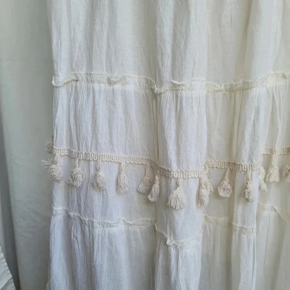 NWT White Maxi Dress Sleveless Embroidere Trim Tassels Flowy Summer Beach Long S